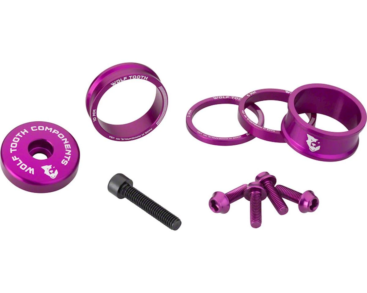 Wolf Tooth Components Headset Spacer BlingKit (Purple) (3, 5, 10, 15mm) (w/ Bottle Cage Bolts) 1 Wolf Tooth Components Headset Spacer BlingKit (Purple) (3, 5, 10, 15mm) (w/ Bottle Cage Bolts)